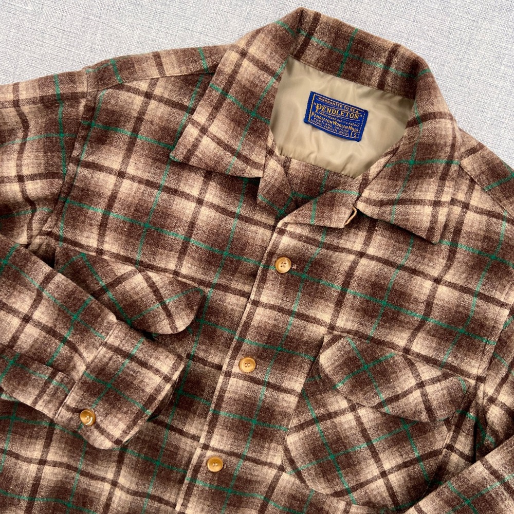 Vintage 60s Pendleton Board Shirt Brown Green Plaid Wool Men‎ Small Loop Collar